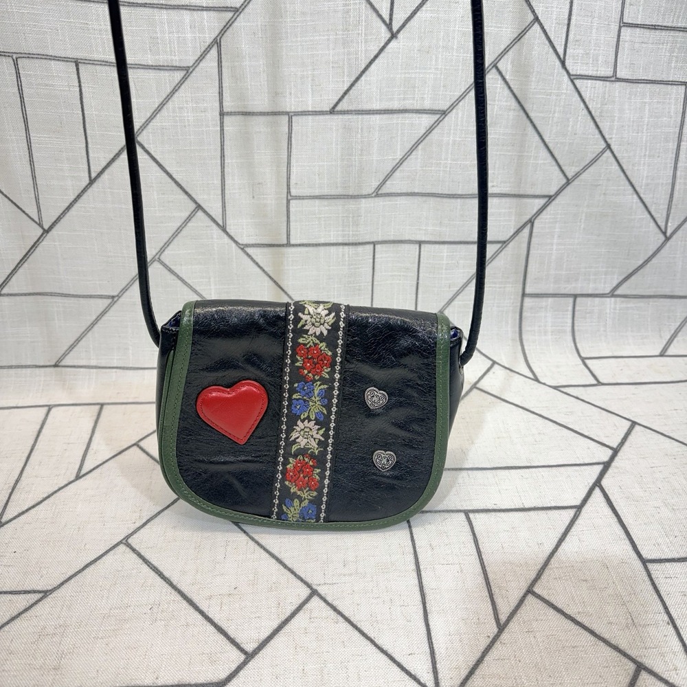 Boho‎ Picard Embroidered Crossbody Bag Black Green Floral Heart Festival Purse